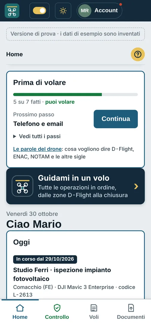 La Home del pilota con il lavoro di oggi